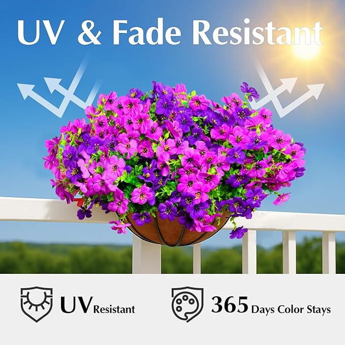 Artificial Flowers for Outdoors, 12 Bundles Outdoor Faux Plants,Uv Resistant Artificial Fake Flowers Plants, Realistic Spring Decor for Porch, Patio, Yard (DoublePurple)