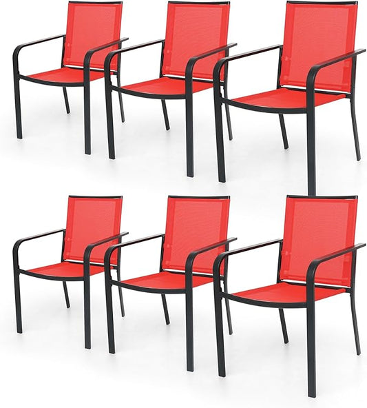 Patio Dining Chairs Set of 6, Outdoor Stackable Dining Furniture Set, All Weather Dining Set for Lawn, Garden, Backyard, Poolside, Red