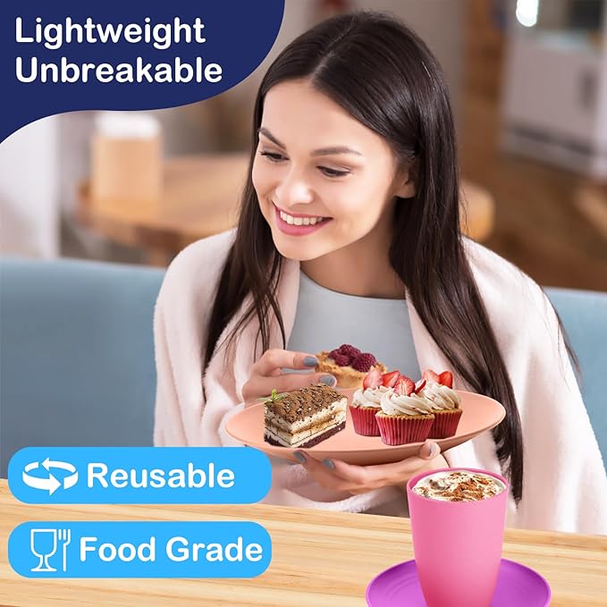 Wheat Straw Dinnerware Sets 40 PCS Bowl and Plate Sets With Cup Dishes Set for 8 Unbreakable Dish Sets Microwave Safe Plates Dinner Bowls Drinking Glasses With 4 Color - Flower Color