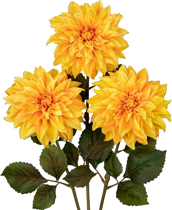 3Pcs Yellow Artificial Dahlia Flowers Fall Fake Flower Silk Flowers with Long Stem 27.5" Floral Arrangements Bouquets Autumn Faux Dahlias Flowers for DIY Wedding Party Centerpieces Home Decor