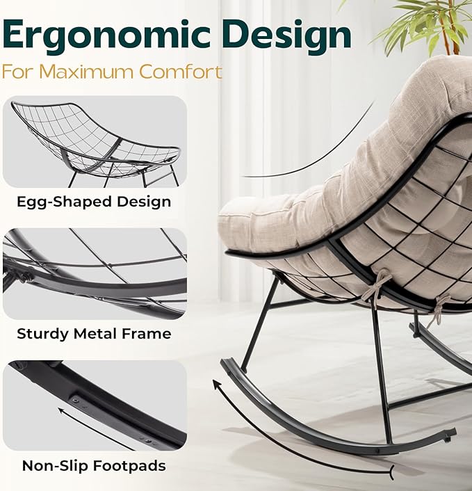 Bme Patio Rocking Chair Outdoor & Indoor, Metal Patio Lounge Rocking Chair with Thick Cushion, Comfy Modern Rocker Chair for Living Room, Porch, Backyard, Beige Cushion - Black Matte Rocker