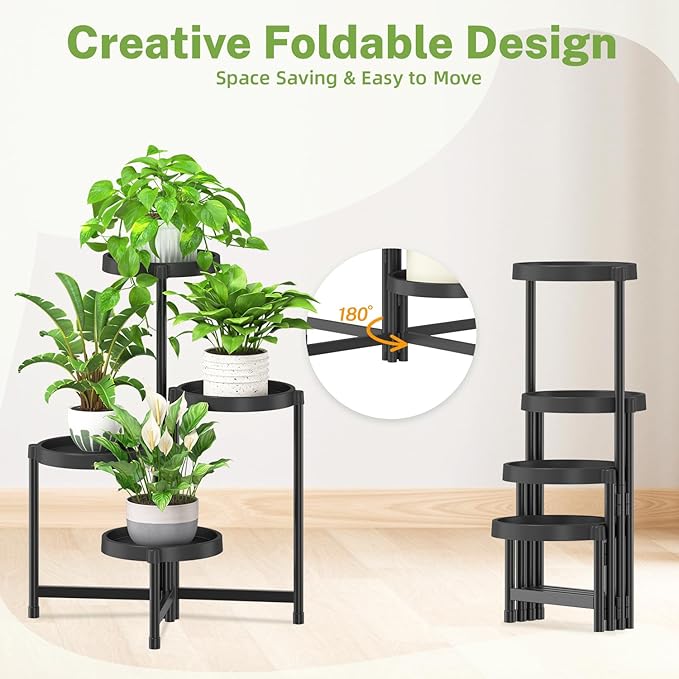 iDavosic.ly 4 Tier Folding Plant Stand Indoor Outdoor with Plastic Tray, Tiered Corner Flower Holder Shelf, Metal Orchid Display Rack for Patio Porch Living Room Garden Balcony, Modern Black
