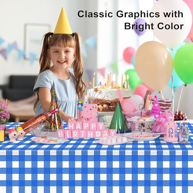 2 Pack Navy Blue and White Checkered Tablecloth, Dark Blue Plastic Table Cloths for Parties Disposable, 54 x 108 inch Waterproof Blue Gingham Camping Tablecloth for Birthday, Party, Picnic