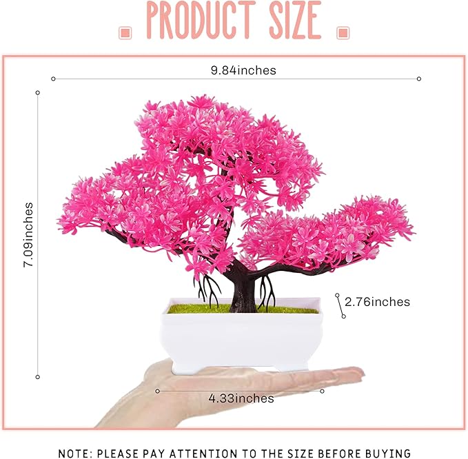 Mini Artificial Bonsai Tree Plants with Plastic Cement Pots for Home Office Décor (Rose Red)