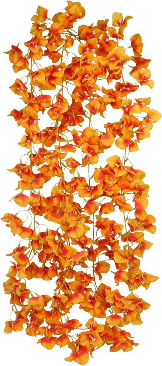 2 Pcs Artificial Bougainvillea Flowers Garland Fake Silk Bougainvilleas Vines Trailing Orange Faux Hanging Flowers Plants Bougainvillea Artificial for Porch Wedding Arch Spring Summer Decor