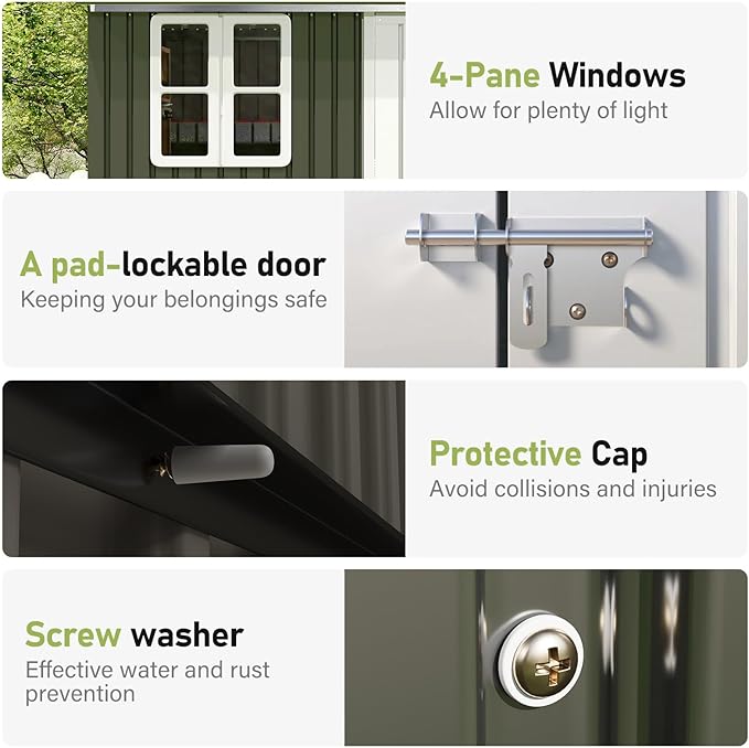 Vanacc 12x10.3x8.1 FT Galvanized Steel Outdoor Storage Shed with a Lockable Hinged Door and 2 Windows, Metal shed for Garden, Backyard, Dark Grey/White