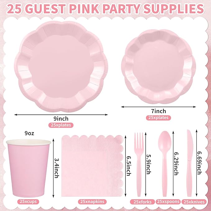 175 Pcs Light Pink Plates and Napkins Set, 25 Guest Pink Party Supplies Include Scalloped Plate Napkin Cup Forks Knives Disposable Plastic Cutlery for Wedding Baby Shower Birthday Party