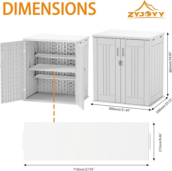 Outdoor Storage Cabinet with 2 Shelves, Waterproof Resin Vertical Tool Shed, Lockable 15 cu. ft. Storage Shed for Patio, Garden, Yard, Dark White