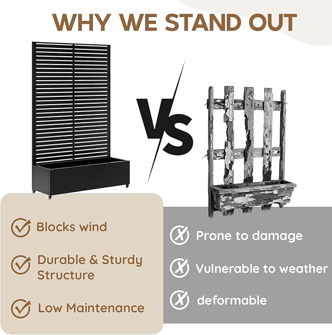 Metal Raised Garden Bed with Trellis & Wheels,70" x 47"x 15.7" Planter Box with Trellis,Privacy Planters for Patio,Garden Bed for Climbing Plants,Suitable for Climbing Plants and Vegetables,Black