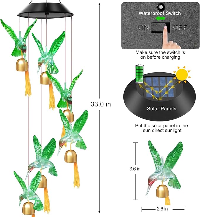 Solar Wind Chimes Outdoor Color Changing Lights, Gift for Women Mom Grandma Sister Best Gifts, Wind Chimes Unique Outdoor Garden Yard Decor (Green Hummingbird Bell)