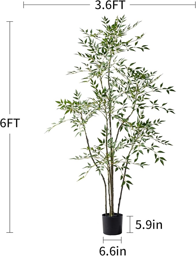 6ft Faux Bamboo Tree Artificial Nandina Tree Artificial Indoor Plants Realistic Fake Potted Tree with 800+ Leaves, Cement Planter - Home Office Decor Perfect for Housewarming Gift Non-Toxic