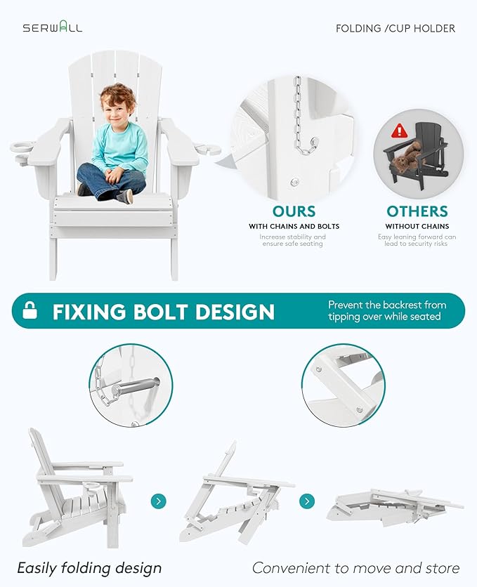 SERWALL Folding Adirondack Chair, Dual Cup Holders & All-Weather HDPE, Wood-Like Patio Chair for Backyard, Camping，Pool & Fire Pit- White