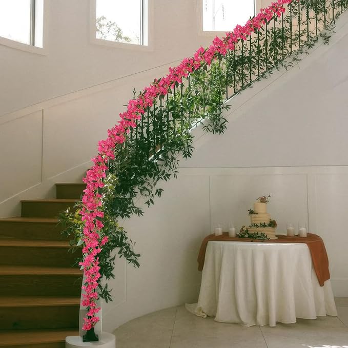 2Pcs Bougainvillea Artificial Hanging Flowers Plants for Outdoors Fake Silk Bougainvillea Vines Rose Red Artificial Flowers Garland UV Resistant Faux Flowers for Planter Porch Arch Table Decor