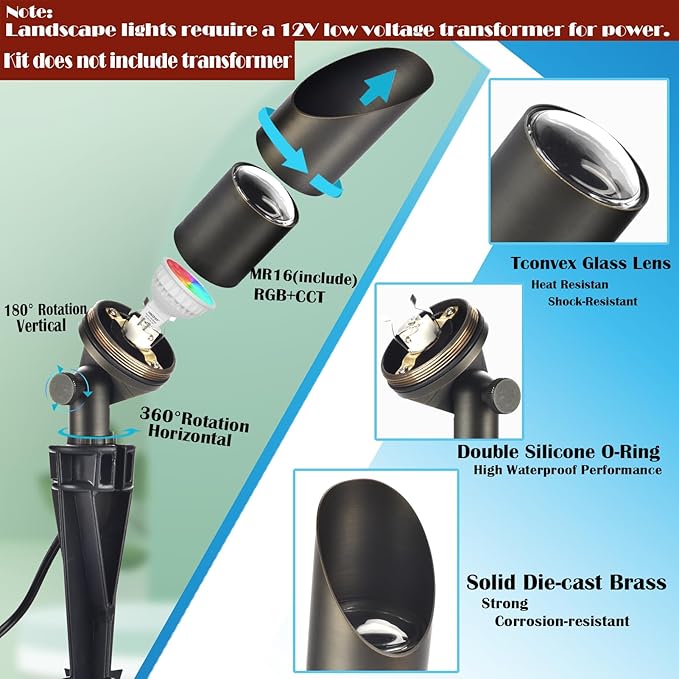 RGB Low Voltage Landscape Lighting, IP65 Adjustable Brass Color Changing Landscape Lights with Remote, 12V Spot Lights Outdoor for Yard Garden Patio Lawn Decorative