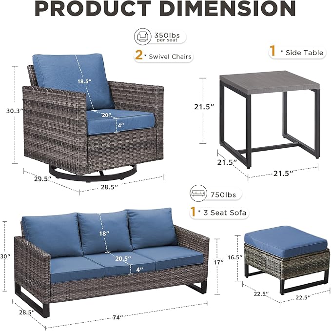 6 Pieces Patio Furniture Set-All Weather Outdoor Swivel Rocker Patio Chairs with Deep Seat Sofa Ottomans and Glass Side Table, Outdoor Conversation Sets for Garden Backyard Deck(Grey/Blue)