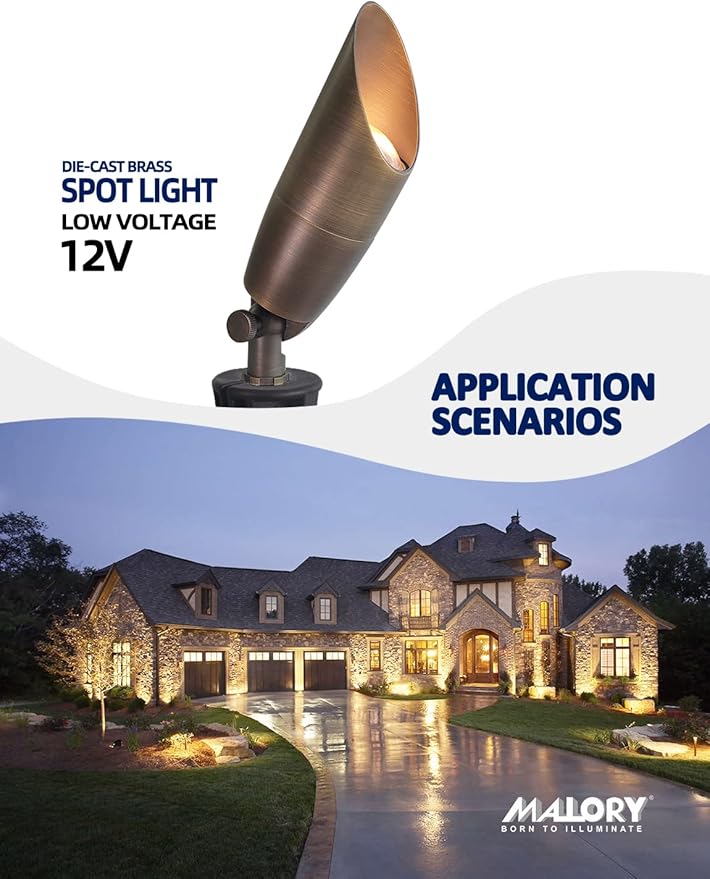 MALORY Solid Brass Landscape Spotlight 12-Pack with Bulb(S06), Low Voltage Front and Backyard Landscape Lighting with Large Rugged Slot Spike & Wire Connector,12V AC/DC Garden Patio Spot Up Light