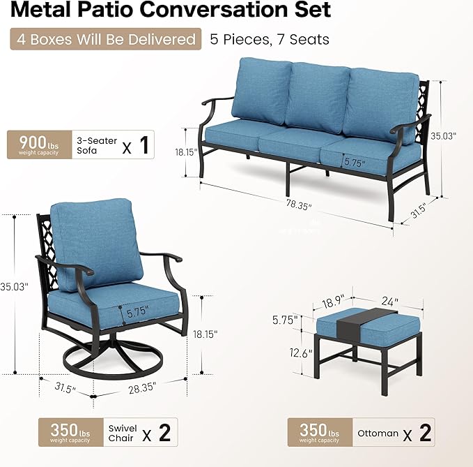 5 Piece Metal Outdoor Patio Furniture Set, Patio Conversation Sets 1 3-seater Sofa, 2 Swivel Chairs, 2 Ottomans with 5.75" Thick Cushion, Black All-weather Backyard Furniture Set, Navy