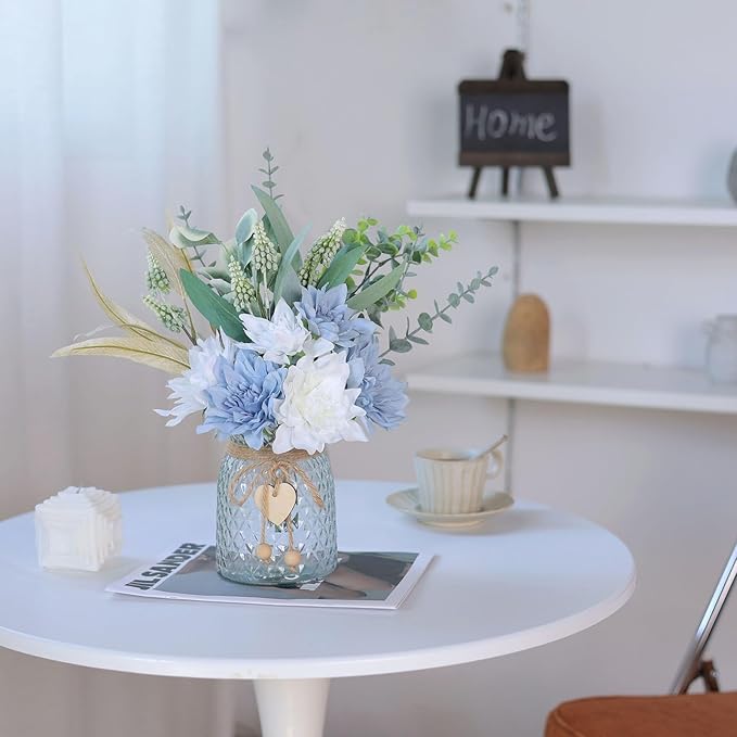 Faux Flowers with Vase,Artificial Silk Flowers in Vase, Fake Plant Eucalyptus and Willow,Flower Arrangement for Home Farmhouse Dining Table Centerpiece Decorations Coffee Table Decor (Dusty Blue)