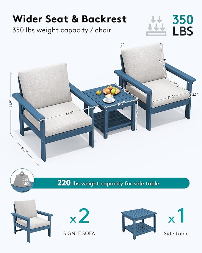 SERWALL HDPE Patio Sofa Set, 3-Piece Sectional Outdoor Furniture Set, All Weather Outdoor Couch Set Patio Furniture Set for Deck, Lawn, Blue Frame with Khaki Cushion