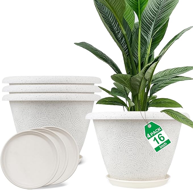 Plastic Flower Pots Planters for Indoor Plants, 4 Pack 16 Inch White Plant Pots with Drainage Hole & Tray, Modern Decorative Large Plant Pot with Saucer for Indoor Outdoor Plants Garden House Planter