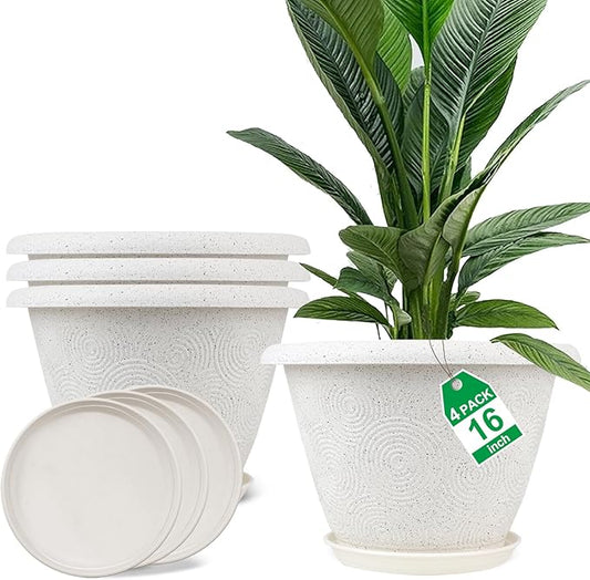 Plastic Flower Pots Planters for Indoor Plants, 4 Pack 16 Inch White Plant Pots with Drainage Hole & Tray, Modern Decorative Large Plant Pot with Saucer for Indoor Outdoor Plants Garden House Planter