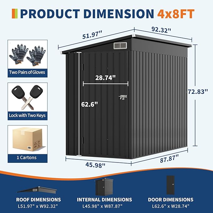 4' x 8' Outdoor Lean to Storage Sheds Outdoor, Heavy-Duty Lean to Garden StorageShed, Metal Wall Side Bike Shed & Outdoor Storage