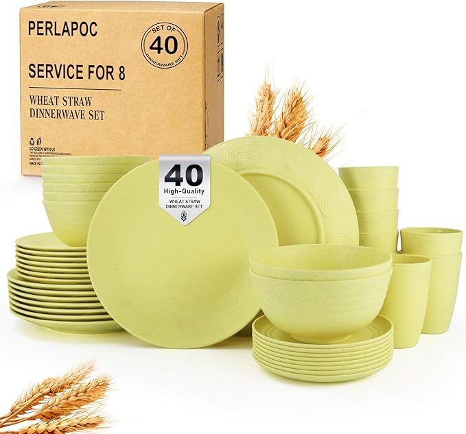 Wheat Straw Dinnerware Set 40-Piece Service for 8 Unbreakable Dishes Set Plates and Bowls Sets Drinking Glasses Microwave Safe Dish Set Lightweight Dinnerware Set for Home & Kitchen - Yellow