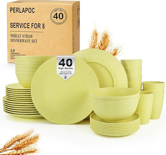Wheat Straw Dinnerware Set 40-Piece Service for 8 Unbreakable Dishes Set Plates and Bowls Sets Drinking Glasses Microwave Safe Dish Set Lightweight Dinnerware Set for Home & Kitchen - Yellow