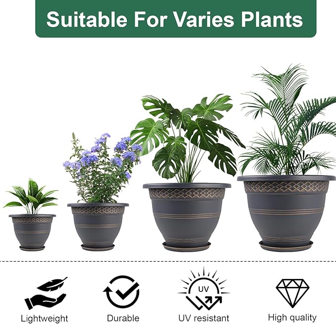 10 Inch 4 Pack Plant Pots, Plastic Flower Pot for Indoor & Outdoor with Drainage Holes & Saucer, Plaid Pattern Planters Garden Pots for Herbs