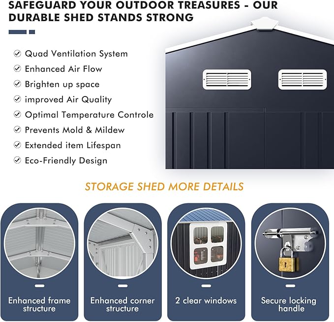 Large Metal Shed 10x16 FT with Floor Fame Kit, with Customizable Skylight and Reinforced Steel Frame, Heavy-Duty Galvanized Steel Big Garden Sheds with Base, Lockable Doors,4 Pane Windows,