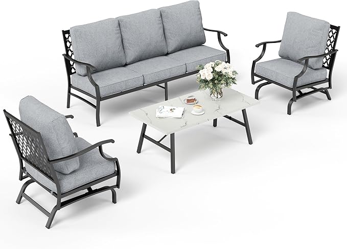 4 Piece Metal Outdoor Patio Furniture Set, Patio Conversation Set 1 3-seater Sofa, 2 Rocking Chair with 5.75" Extra Thick Cushion and Coffee Table, Black Frame Backyard Furniture, Gray