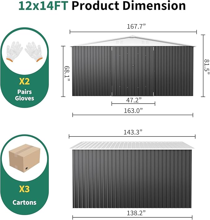 VIWAT 12x14 FT Outdoor Storage Shed, Garden Shed with Updated Frame Structure and Lockable Doors, Metal Tool Sheds for Backyard Garden Patio Lawn, White