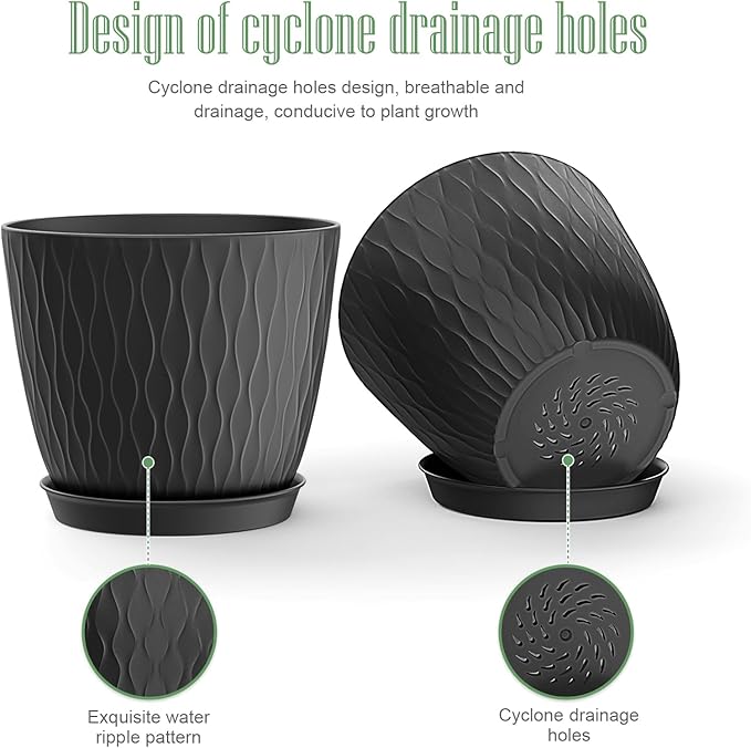 6 Inch Plant Pots, 6 Pack Flower Pots for Indoor and Outdoor Use, Planters with Drainage Holes and Saucers, Black