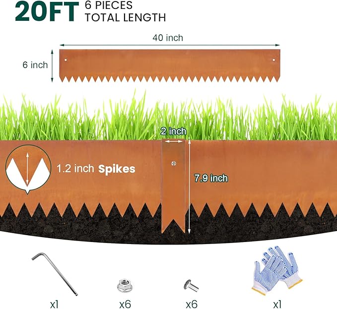 Corten Steel Landscape Edging Steel Landscaping Edging Metal Garden Edging Lawn Edge Border Rust Patina 40 Inch Strips 6 Inch Depth Hammer-in for Outdoor Yard Lawn Flower Plant 6 pcs