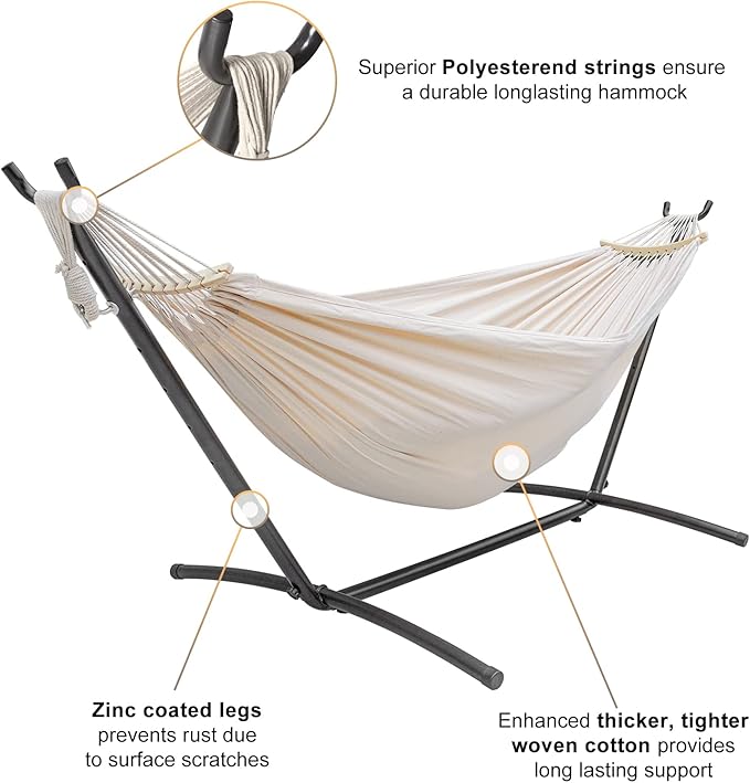 SZHLUX Double Hammock with Stand Included 450lb Capacity Steel Stand, Premium Carry Bag Included.Indoor Outdoor Brazilian-Style Cotton Bed for Backyard, Camping,Garden, Beige