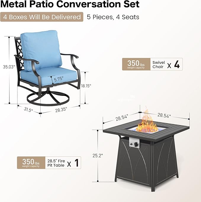 5 Piece Metal Outdoor Patio Furniture Set with Fire Pit Table, Patio Conversation Sets 4 Swivel Chairs with 5.75" Thick Cushion and 5000 BTU Fire Pit Table, Backyard Furniture, Blue
