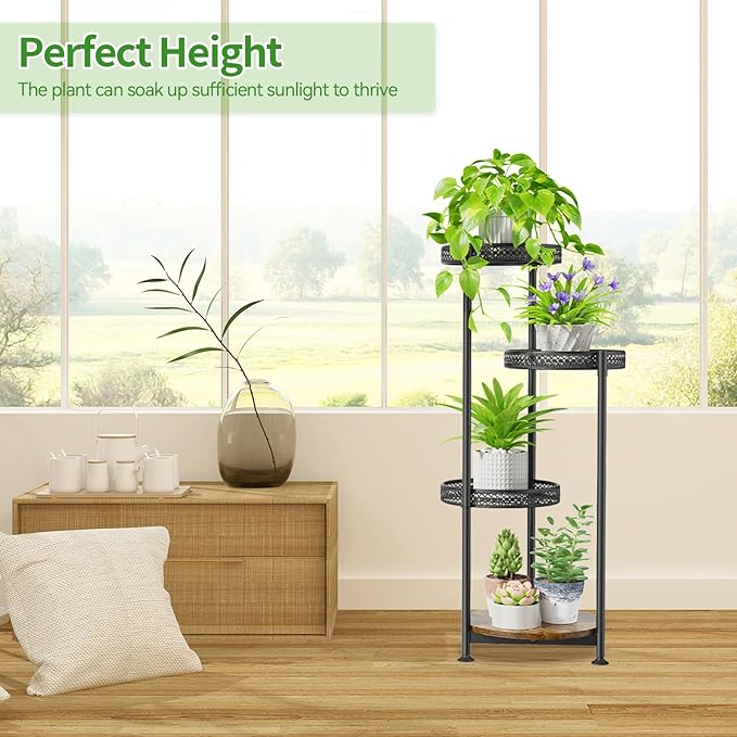 4 Tier Plant Stand Indoor Outdoor, Metal Flower Pot Shelf Holder Clearance, Tall Corner Rack for Multiple Plants, Modern Organizer Display for Patio Orchid Office Porch Living Room Garden, Black