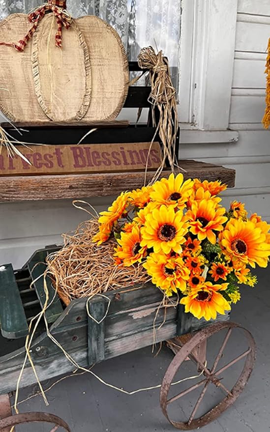 Uieke 4PCS Sunflowers Artificial Flowers, Fake Silk Fall Flowers with 7 Stems for Indoor Outdoor Home Centerpieces Wedding Bouquet Arrangement Office DIY Décor (Orange Yellow)