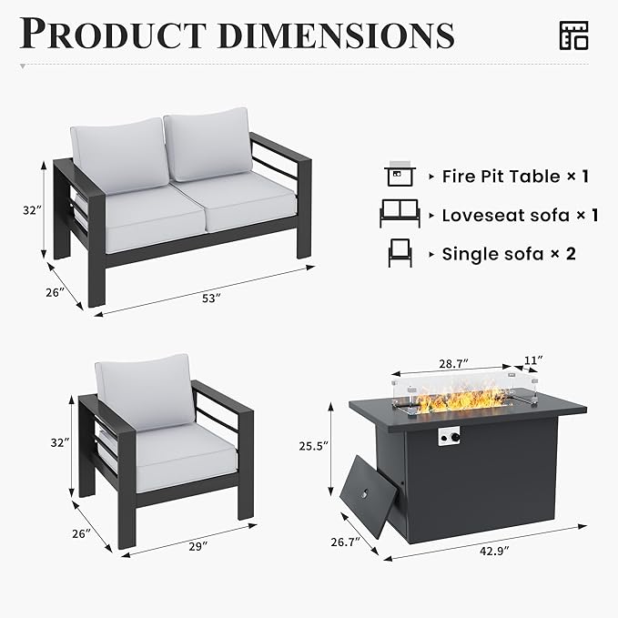 Aluminum Patio Furniture with Fire Pit Table, 5 Piece Outdoor Set, Waterproof Covers for Backyard Garden (Dark Grey & Light Grey)