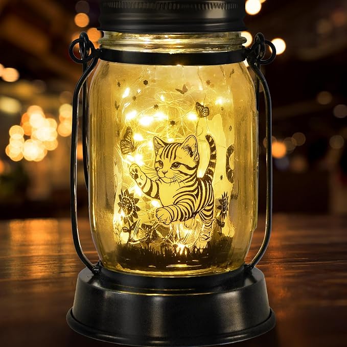 Cat Gifts Cat Solar Lanterns Cat Solar Lights Outdoor Cat Lover Gifts for Women Men Cat Lovers Gifts Hanging Cat Lanterns with Stake for Yard Lawn Garden Decor Waterproof Cat Butterfly Lantern Torches