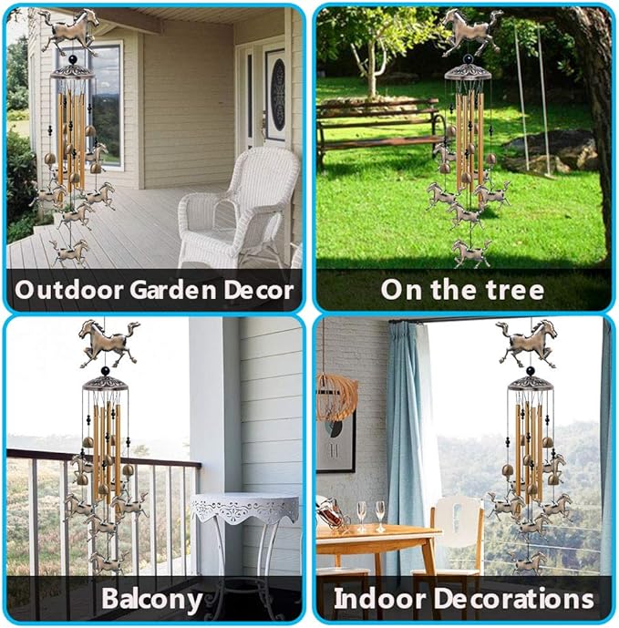 Horse Wind Chimes Decor - 35 Inch Pure Hand-Made Metal Musical Wind Bells with 4 Aluminum Tubes 6 Bells 7 Horses Mobile Wind Catcher Romantic Wind Chime for Home, Festival, Indoor/Outdoor Decoration