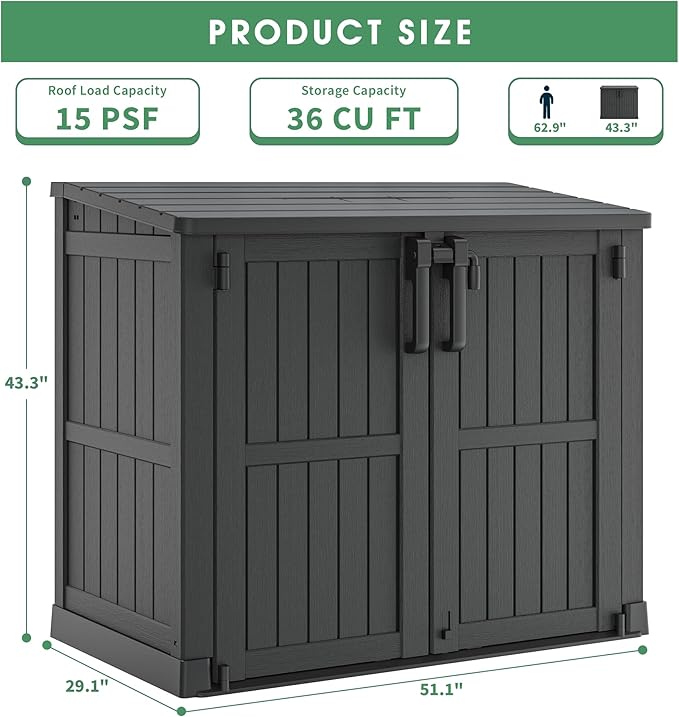 Horizontal Resin Storage Shed 36 Cu Ft with Lockable Doors, Portable Outdoor Storage Cabinet -Easy to Assemble,Sheds & Outdoor Storage, Waterproof Outdoor Storage Box for Backyards,Black