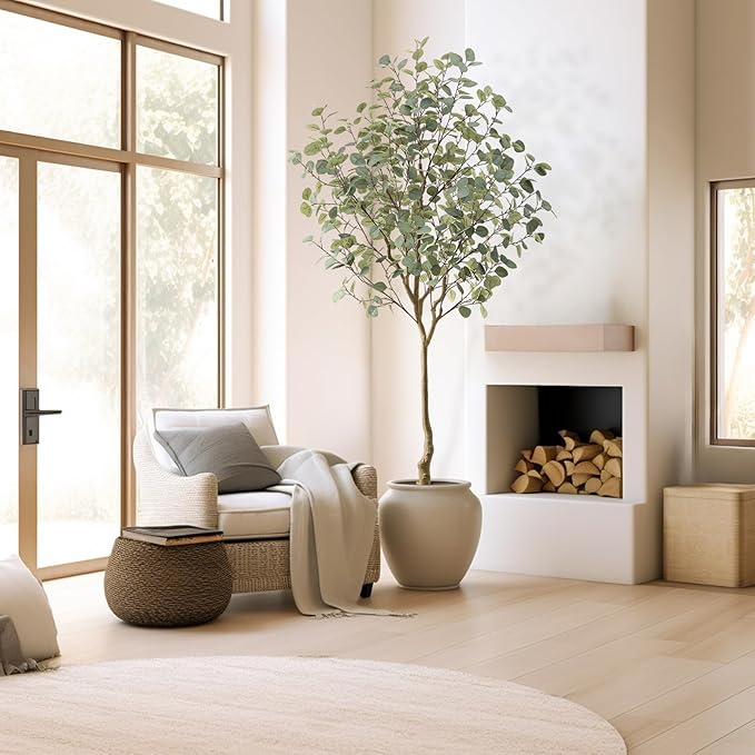 Tall Eucalyptus Tree Artificial，8ft(96in) Faux Eucalyptus Tree with Realistic Silk Leaves， Fake Trees Indoor Outdoor for Home Office Living Room Bedroom Foyer Porch Decor.