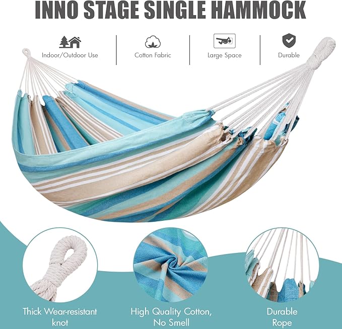 Brazilian Hammock with Tree Straps - Canvas Hammocks Portable Hammock with Carry Bag for Backyard, Porch, Outdoor and Indoor Use Blue & Green