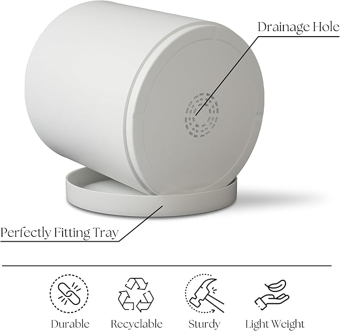 Giraffe Creation 10-Inch Round Cylinder Plant Pot, Modern Indoor/Outdoor Planter with Drainage Hole, Saucer & Water Reservoir, White