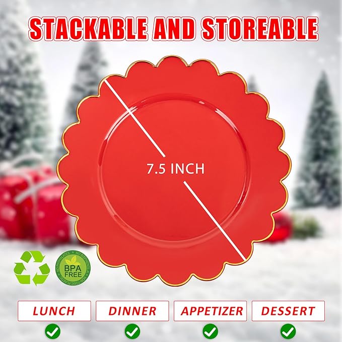 SUT 72Pcs Plastic Plates-7.5inch Red Dessert Plates with Gold Trim, Red Disposable Plates, Disposable Plates,Fancy Plastic Plates, Heavy Duty Plastic Plates for Wedding & Parties