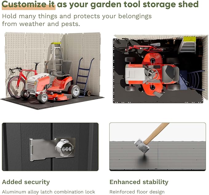 Patiowell 8 x 6 FT Plastic Outdoor Storage Shed with Floor, Resin Shed with Window and Lockable Door for Garden, Backyard, Tool Storage Use, Easy to Install in Beige (Kick-it Shed)