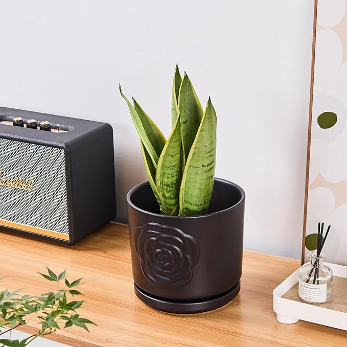 Ekirlin 7 Inch Plant Pots, Ceramic Rose Flower Planters Indoor, Modern Succulents Containers with Drain Hole Saucer, Weatherproof Pot for Home Decorate, Outdoor & Garden (Black)