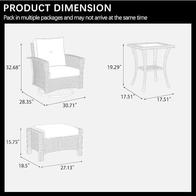 LayinSun 5 Piece Wicker Patio Furniture Set, Classis Outdoor Conversation 360 Degree Swivel Chairs Set with Coffee Table