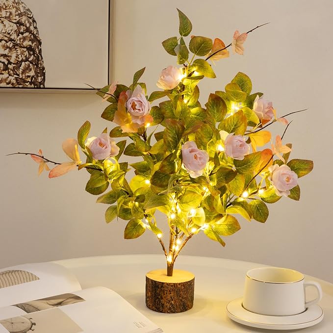 19 Inch Artificial Rose Tree Lights, Faux Silk Flower Tree with Butterfly Ivy, Prelit Tabletop Tree with Timer for Living Room Home Indoor Outdoor Decor (Pink Green)